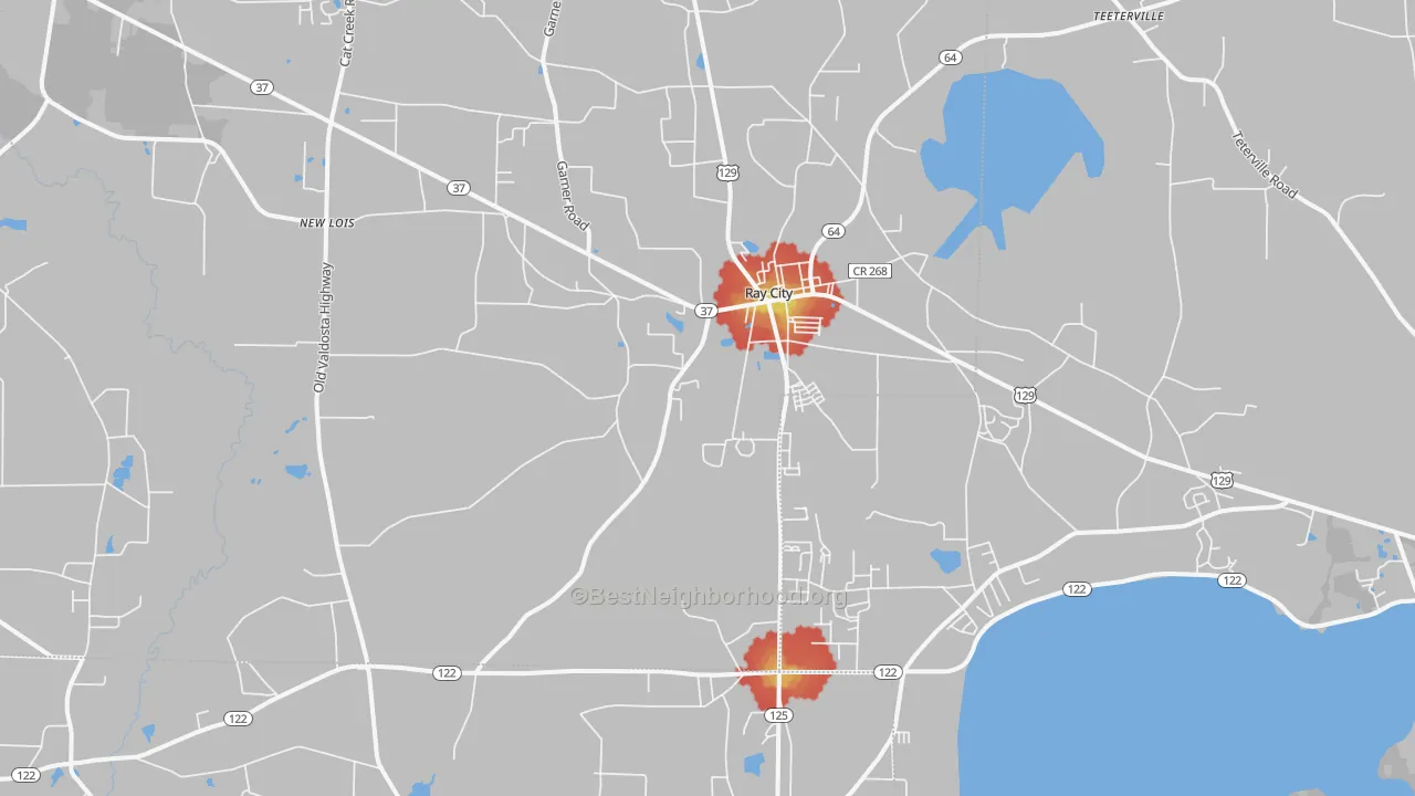 Walk Grade map of Ray City, GA, walkable areas in green and car-dependent areas in red