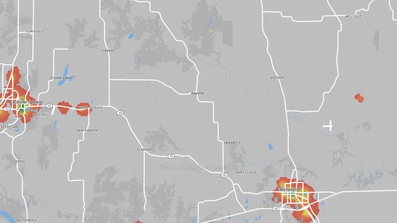 Walk Grade map of Ray County, MO, walkable areas in green and car-dependent areas in red