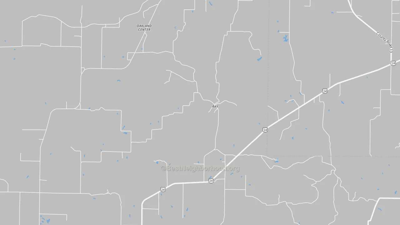 Walk Grade map of Ray, IL, walkable areas in green and car-dependent areas in red
