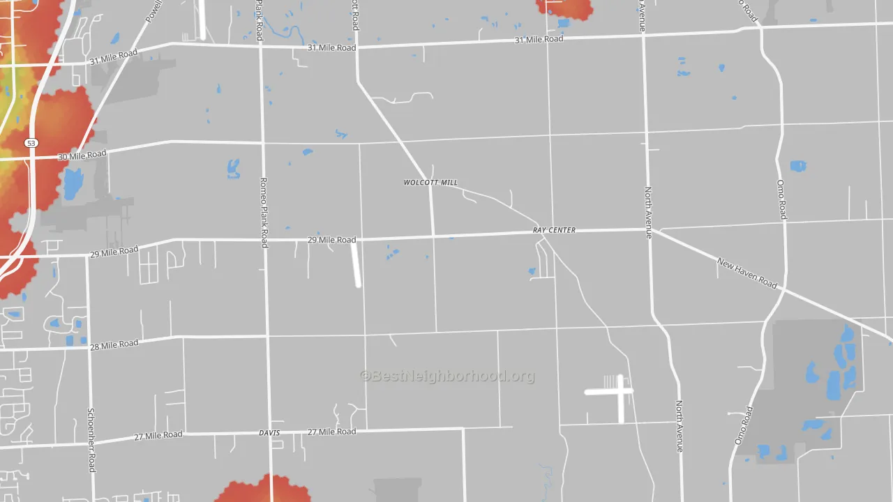 Walk Grade map of Ray, MI, walkable areas in green and car-dependent areas in red