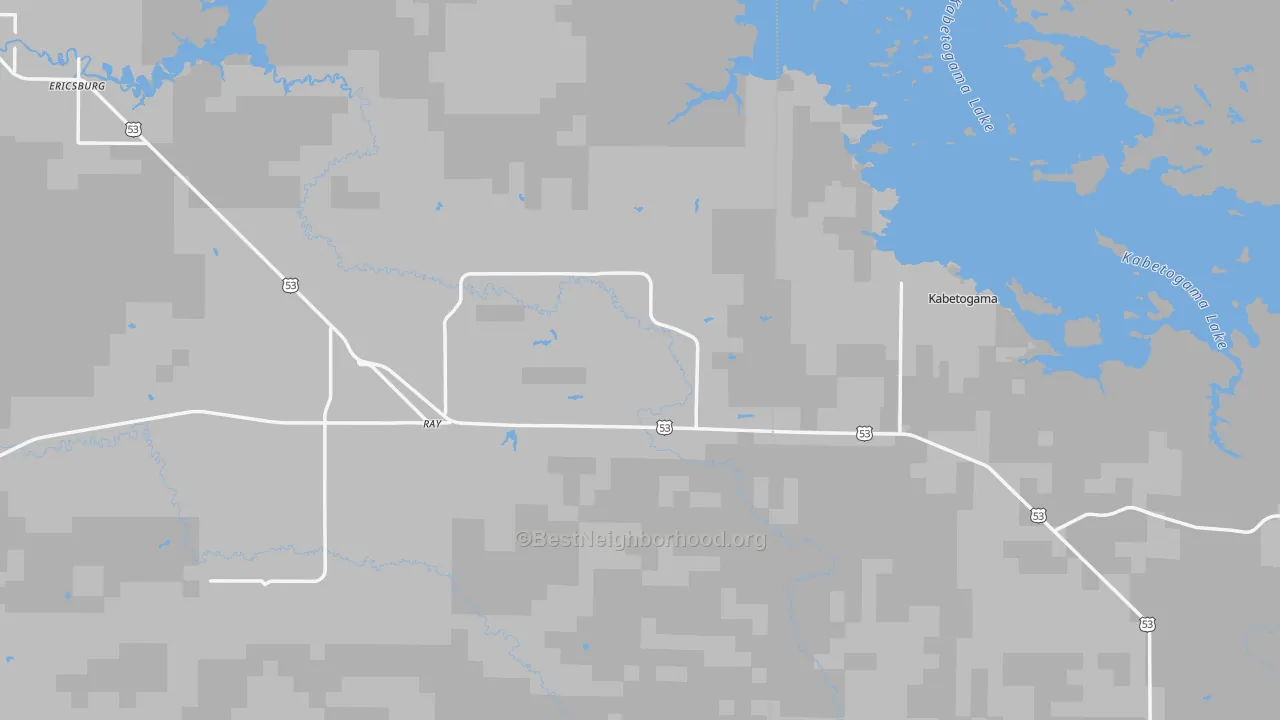 Walk Grade map of Ray, MN, walkable areas in green and car-dependent areas in red