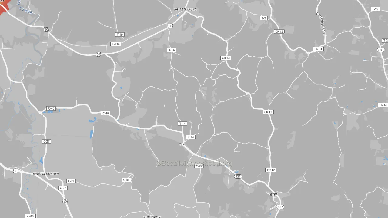 Walk Grade map of Ray, OH, walkable areas in green and car-dependent areas in red