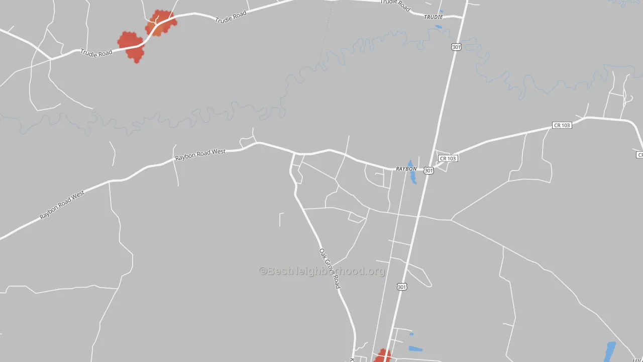 Walk Grade map of Raybon, GA, walkable areas in green and car-dependent areas in red