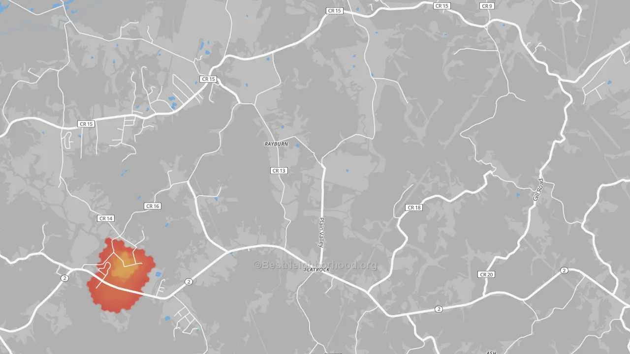 Walk Grade map of Rayburn, WV, walkable areas in green and car-dependent areas in red