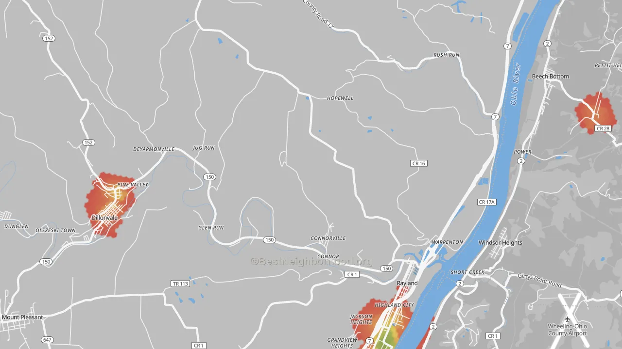 Walk Grade map of Rayland, OH, walkable areas in green and car-dependent areas in red