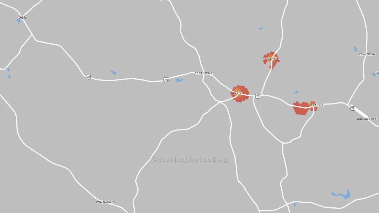 Walk Grade map of Rayle, GA, walkable areas in green and car-dependent areas in red