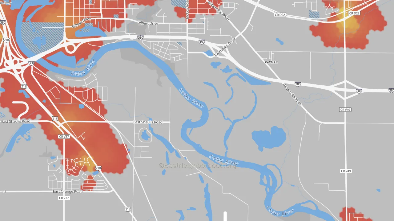 Walk Grade map of Raymar, IA, walkable areas in green and car-dependent areas in red