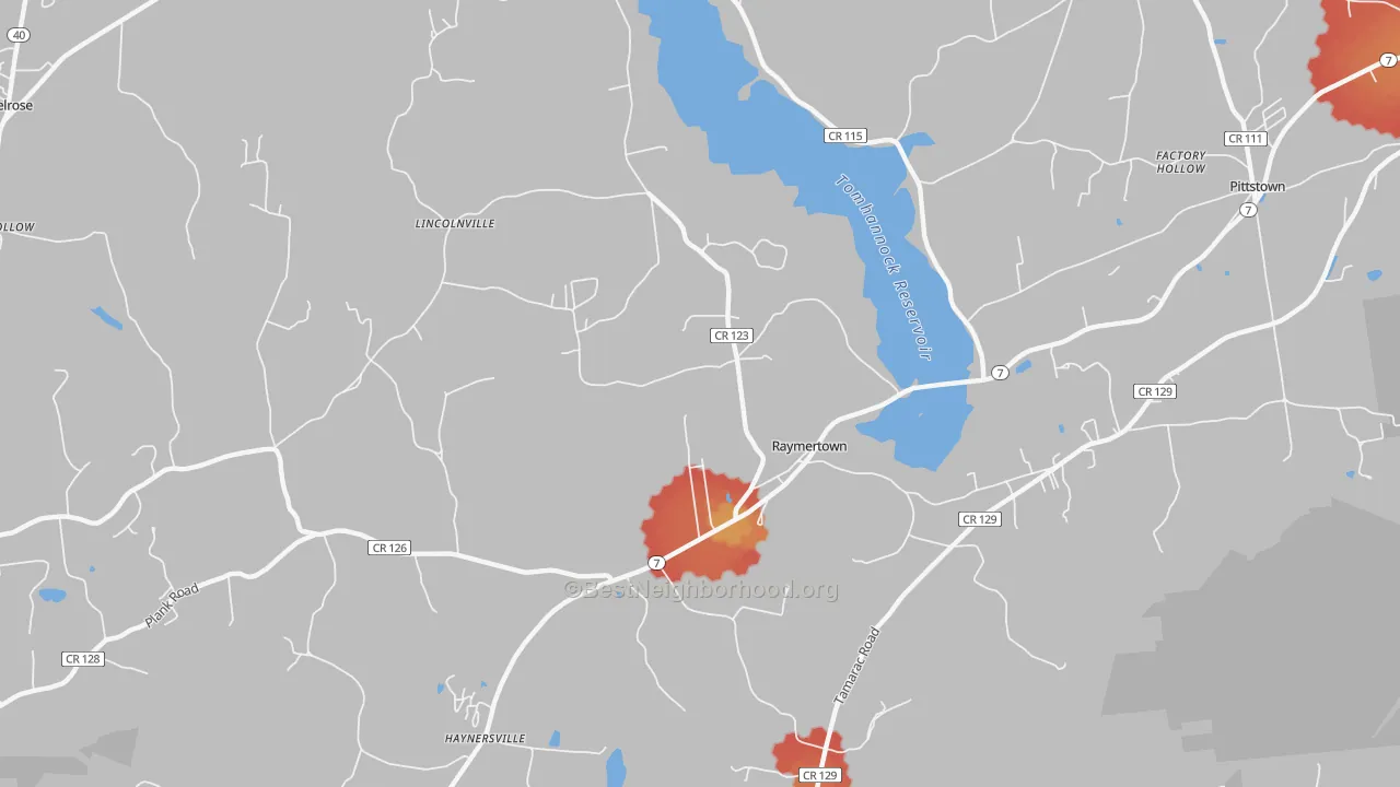 Walk Grade map of Raymertown, NY, walkable areas in green and car-dependent areas in red