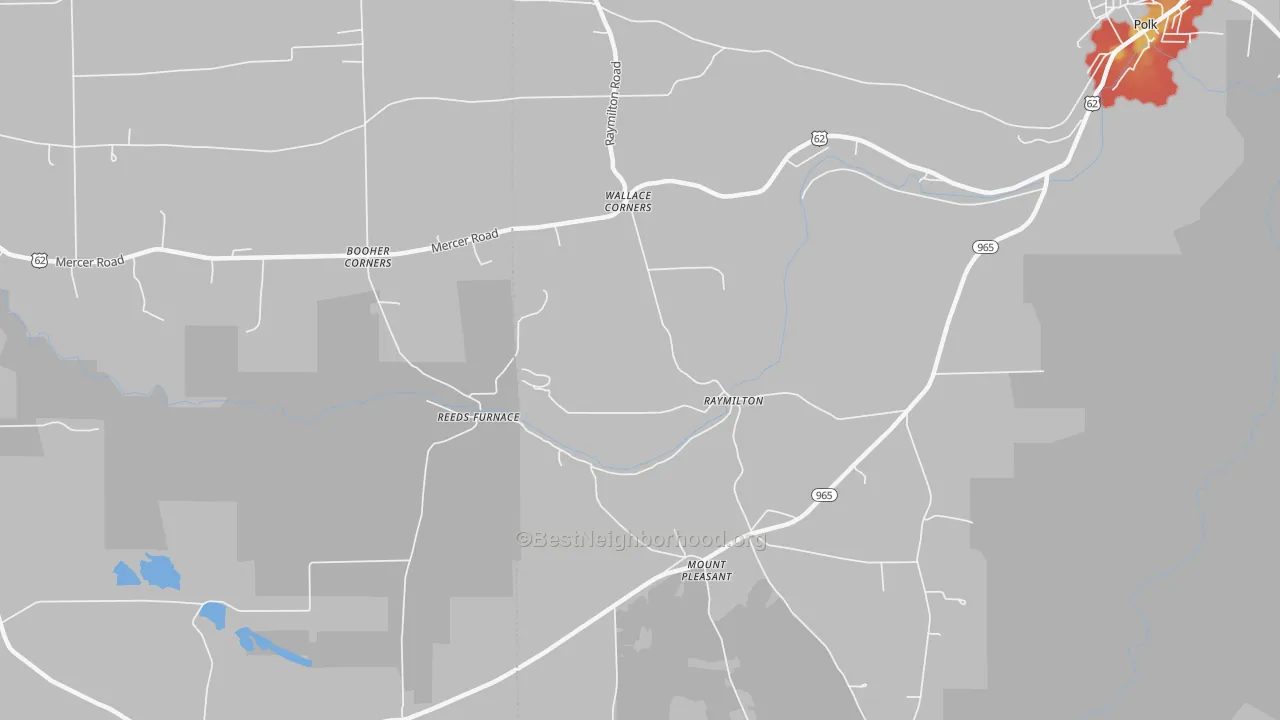 Walk Grade map of Raymilton, PA, walkable areas in green and car-dependent areas in red
