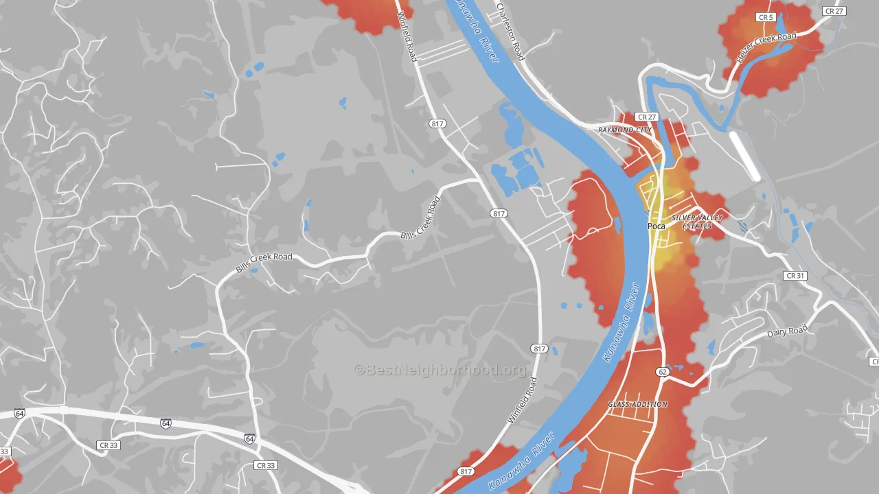 Walk Grade map of Raymond City, WV, walkable areas in green and car-dependent areas in red