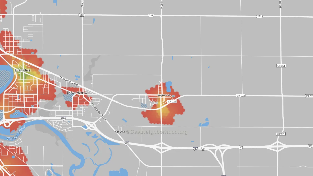 Walk Grade map of Raymond, IA, walkable areas in green and car-dependent areas in red