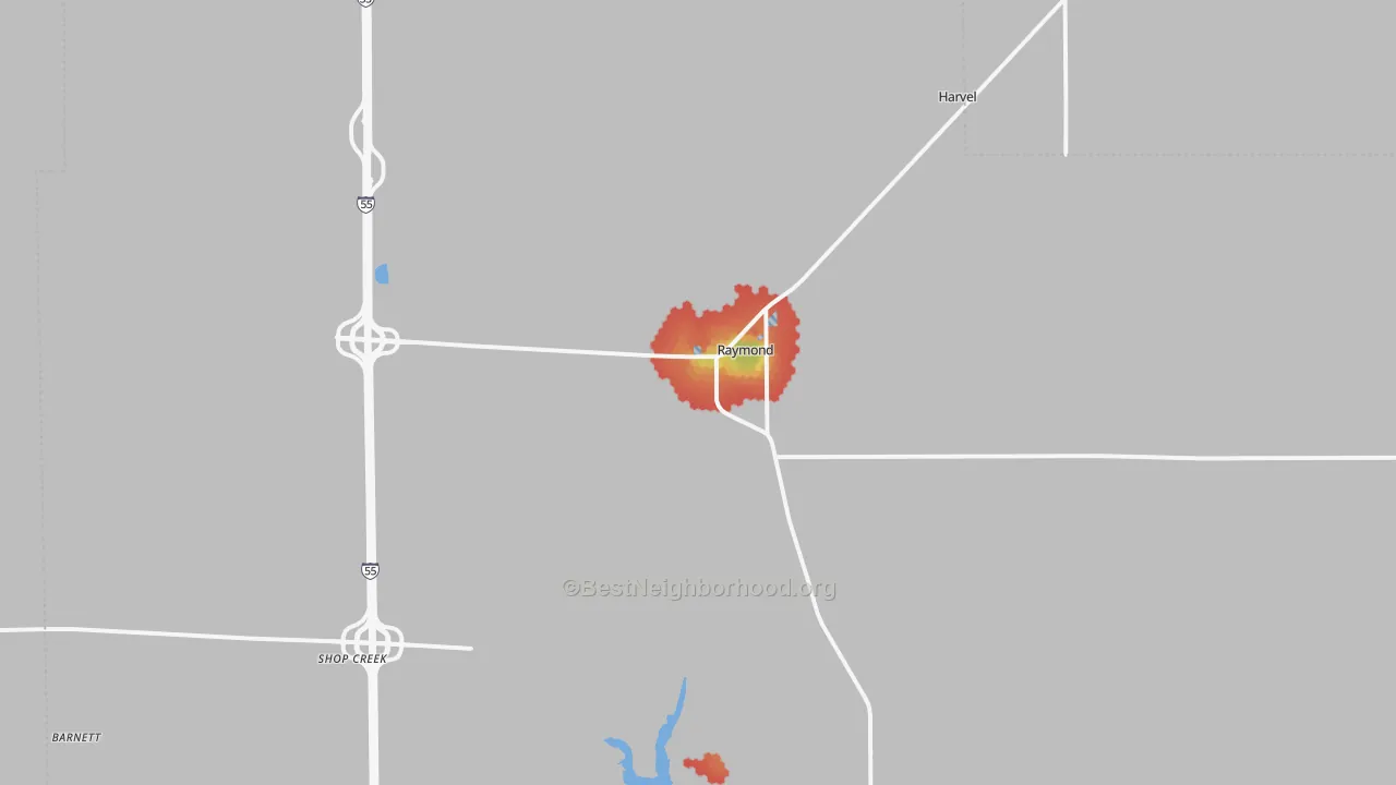 Walk Grade map of Raymond, IL, walkable areas in green and car-dependent areas in red