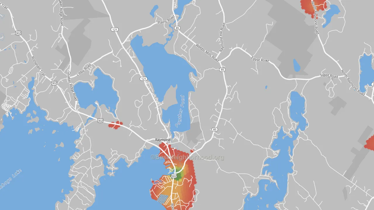 Walk Grade map of Raymond, ME, walkable areas in green and car-dependent areas in red