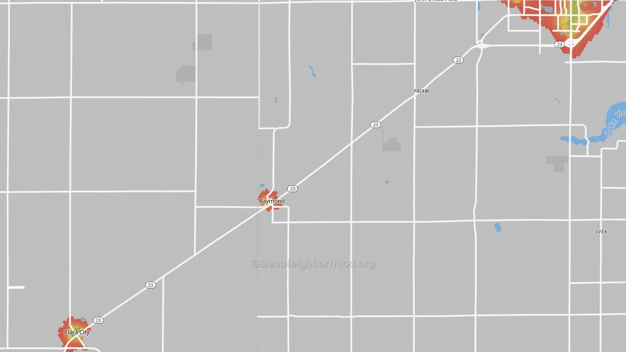 Walk Grade map of Raymond, MN, walkable areas in green and car-dependent areas in red