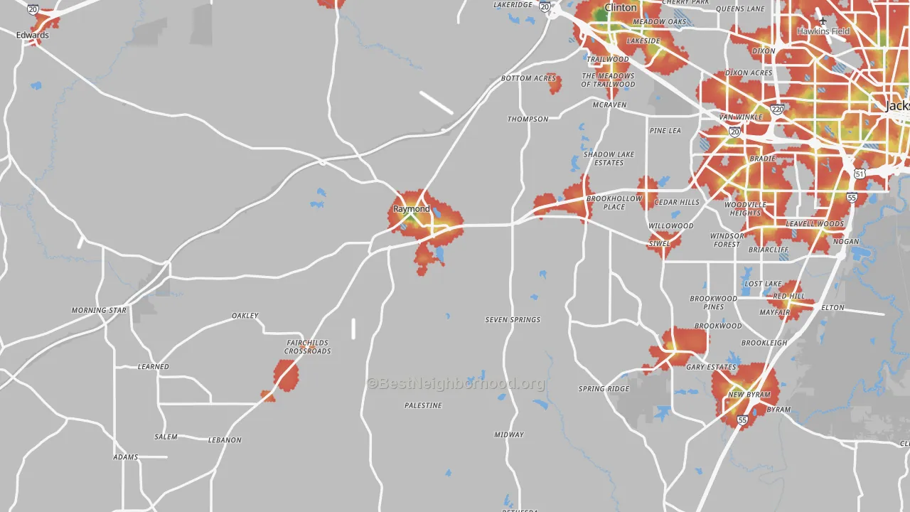 Walk Grade map of Raymond, MS, walkable areas in green and car-dependent areas in red