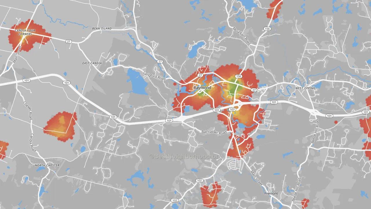 Walk Grade map of Raymond, NH, walkable areas in green and car-dependent areas in red