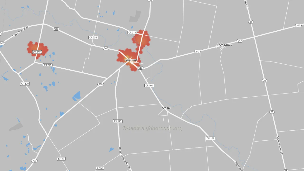 Walk Grade map of Raymond, OH, walkable areas in green and car-dependent areas in red