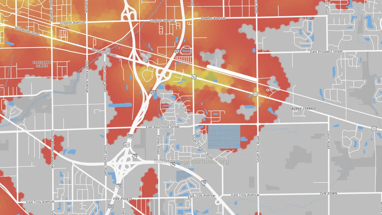 Walk Grade map of Raymond Park, Indianapolis, IN, walkable areas in green and car-dependent areas in red