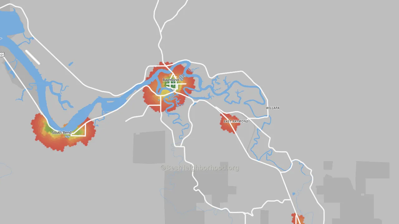Walk Grade map of Raymond, WA, walkable areas in green and car-dependent areas in red