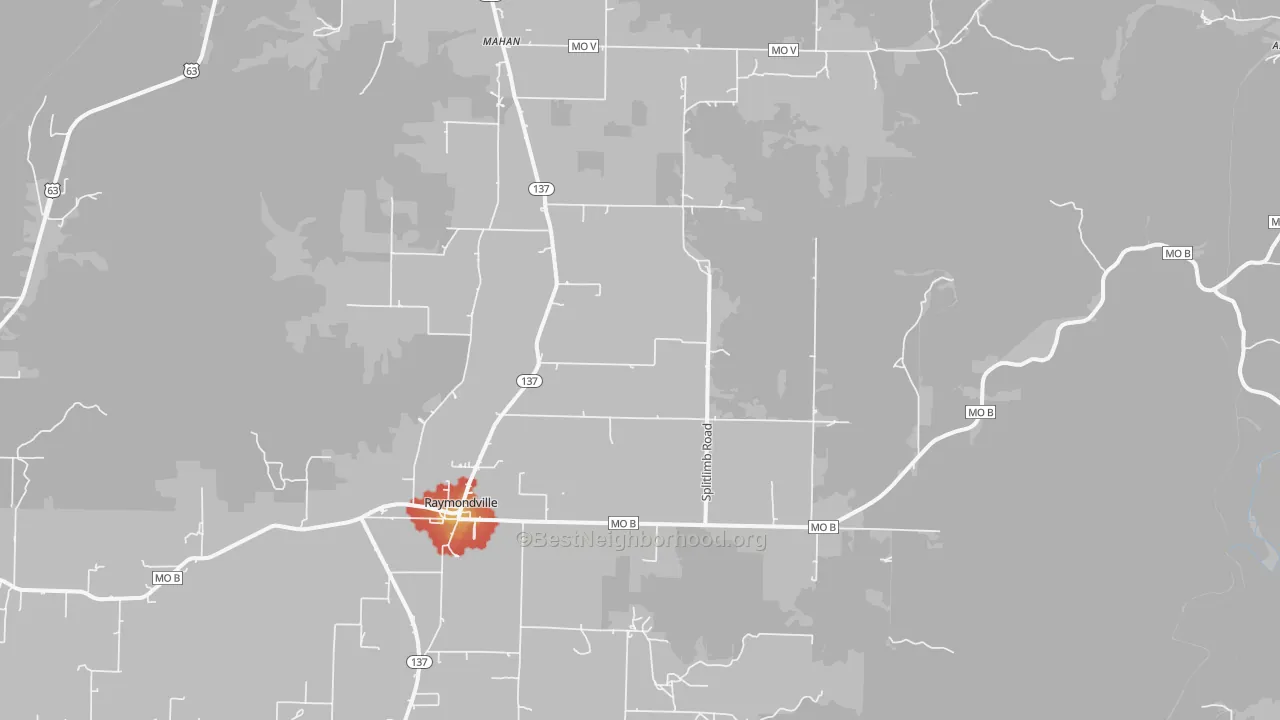 Walk Grade map of Raymondville, MO, walkable areas in green and car-dependent areas in red