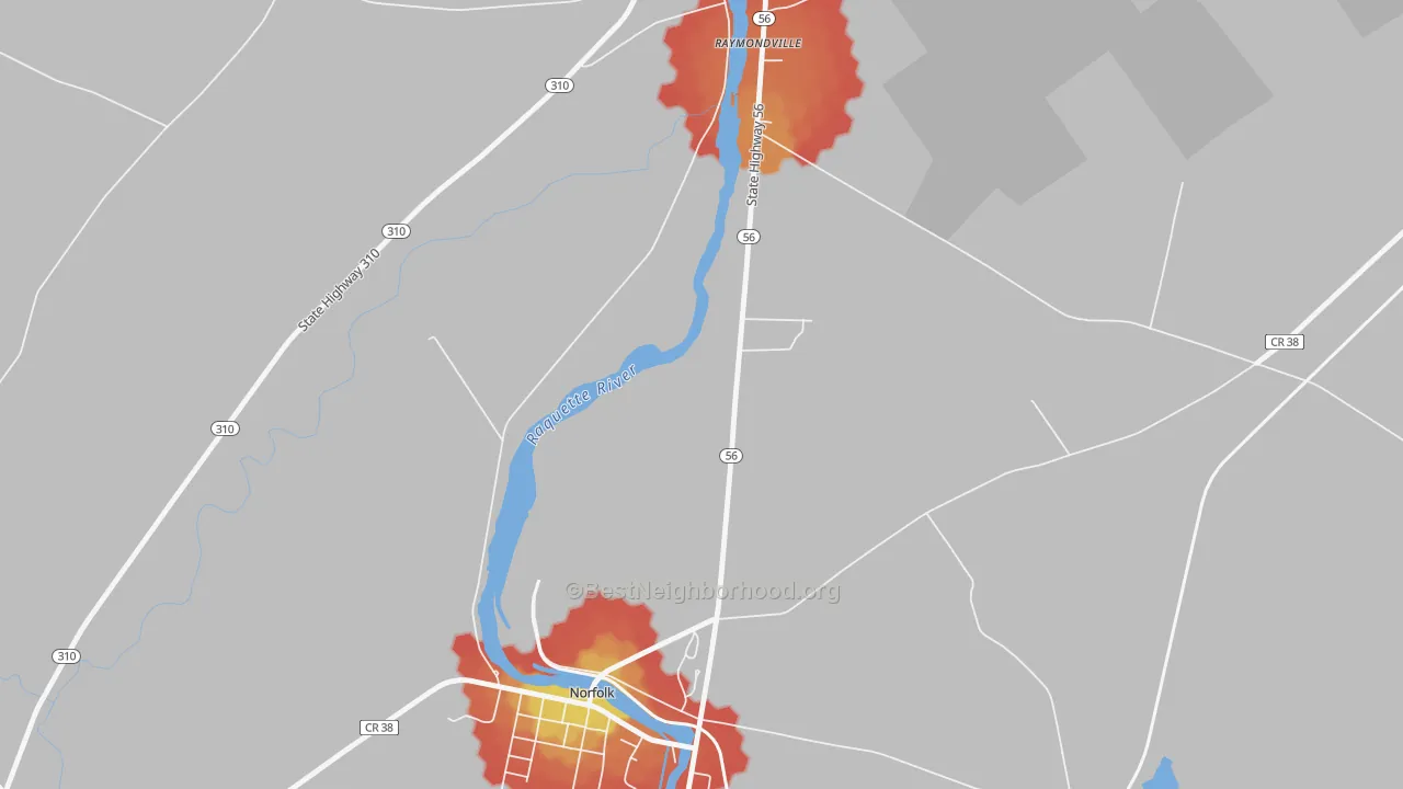 Walk Grade map of Raymondville, NY, walkable areas in green and car-dependent areas in red