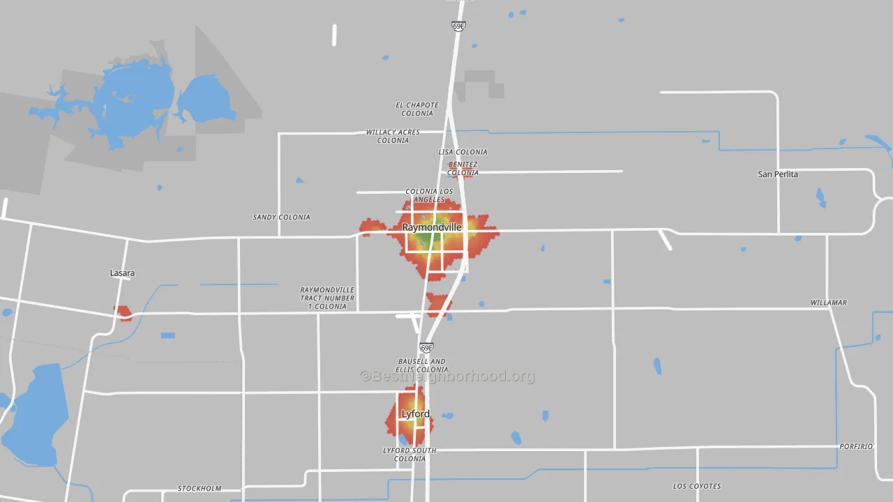 Walk Grade map of Raymondville, TX, walkable areas in green and car-dependent areas in red