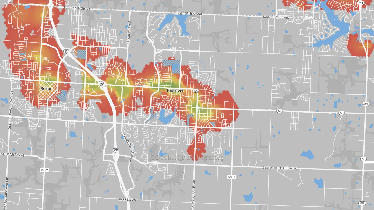 Walk Grade map of Raymore, MO, walkable areas in green and car-dependent areas in red