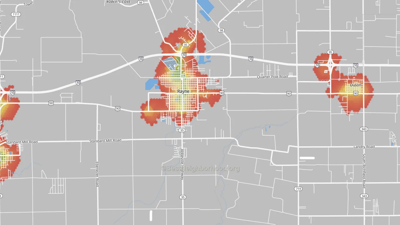 Walk Grade map of Rayne, LA, walkable areas in green and car-dependent areas in red