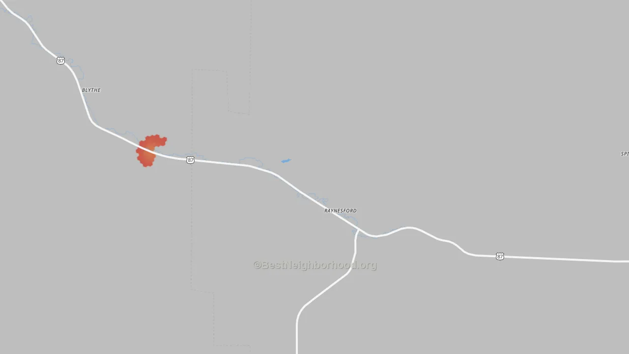 Walk Grade map of Raynesford, MT, walkable areas in green and car-dependent areas in red