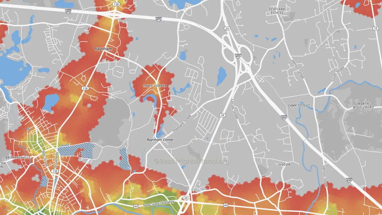 Walk Grade map of Raynham, MA, walkable areas in green and car-dependent areas in red