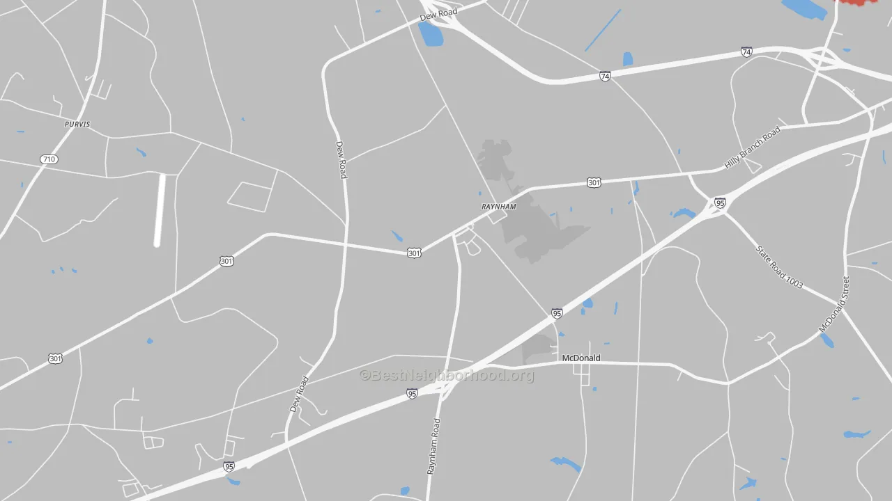 Walk Grade map of Raynham, NC, walkable areas in green and car-dependent areas in red