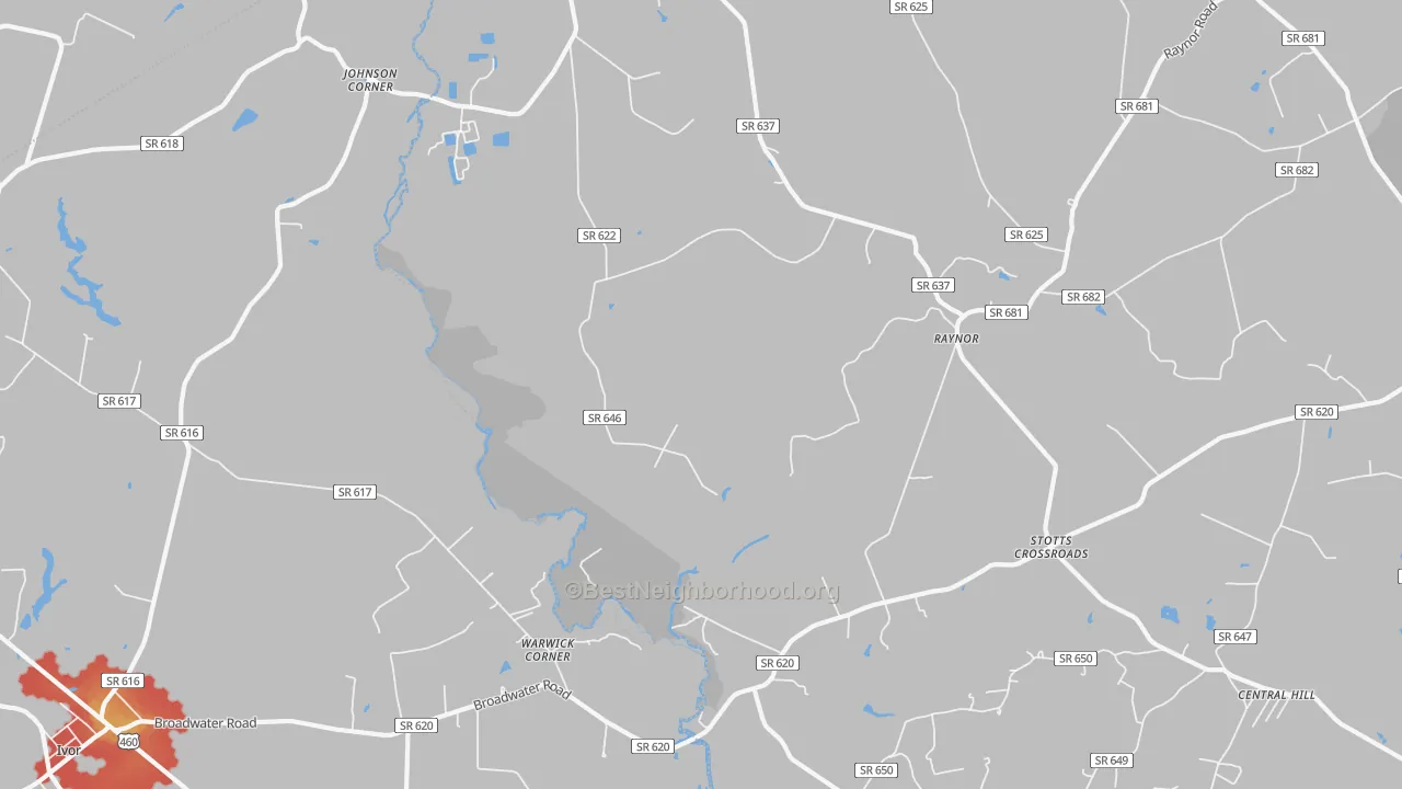 Walk Grade map of Raynor, VA, walkable areas in green and car-dependent areas in red