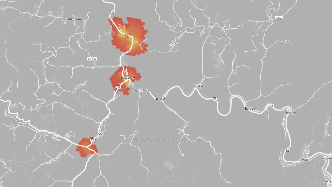 Walk Grade map of Raysal, WV, walkable areas in green and car-dependent areas in red