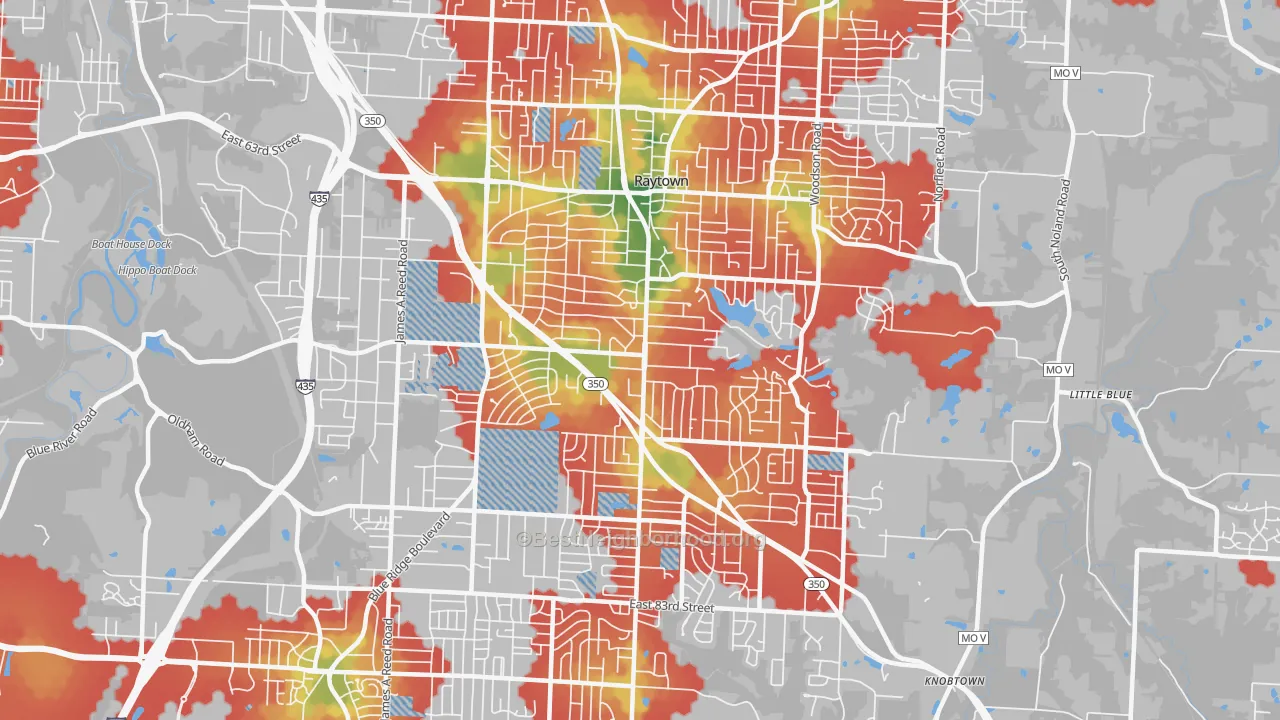 Walk Grade map of Raytown, MO, walkable areas in green and car-dependent areas in red