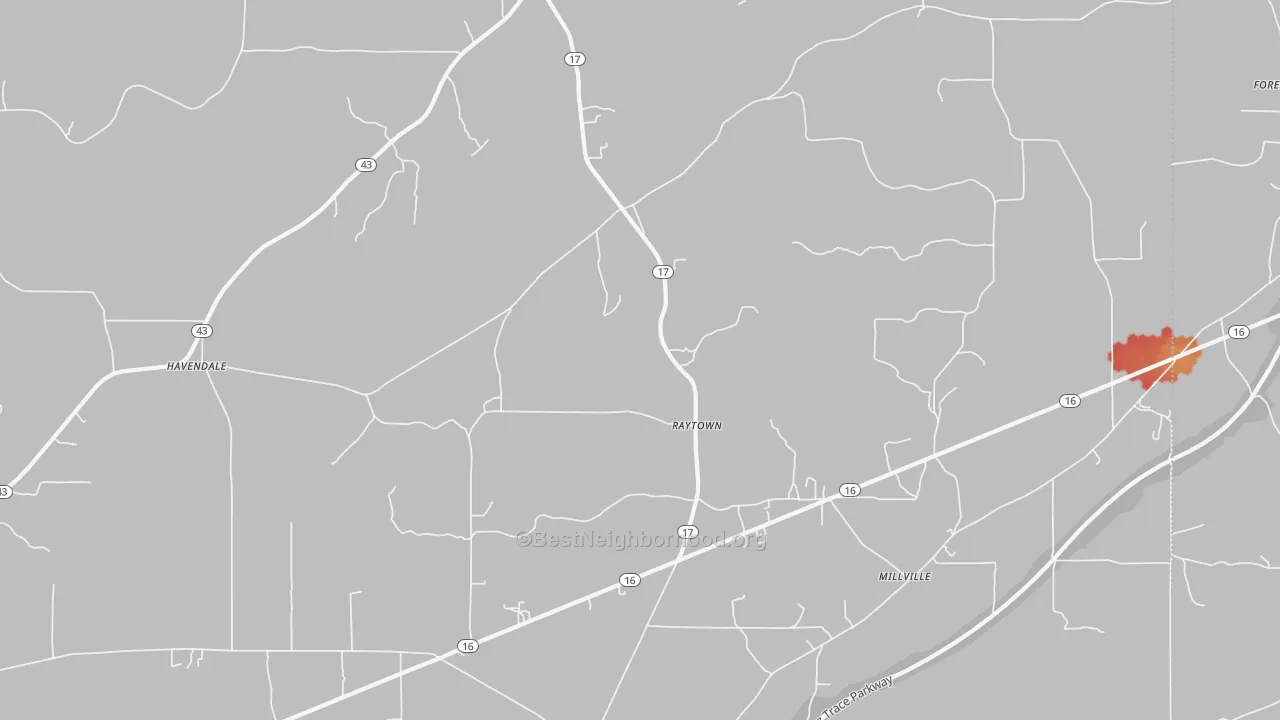 Walk Grade map of Raytown, MS, walkable areas in green and car-dependent areas in red