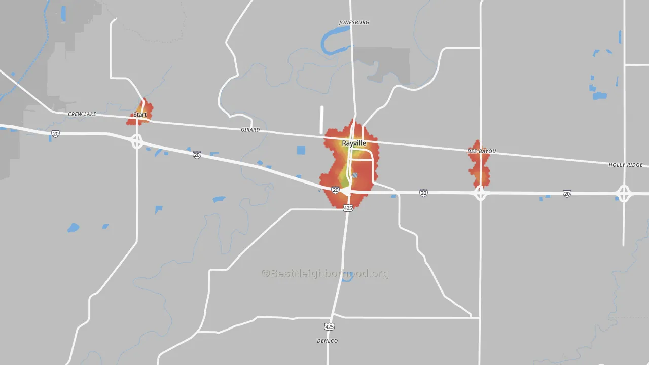 Walk Grade map of Rayville, LA, walkable areas in green and car-dependent areas in red