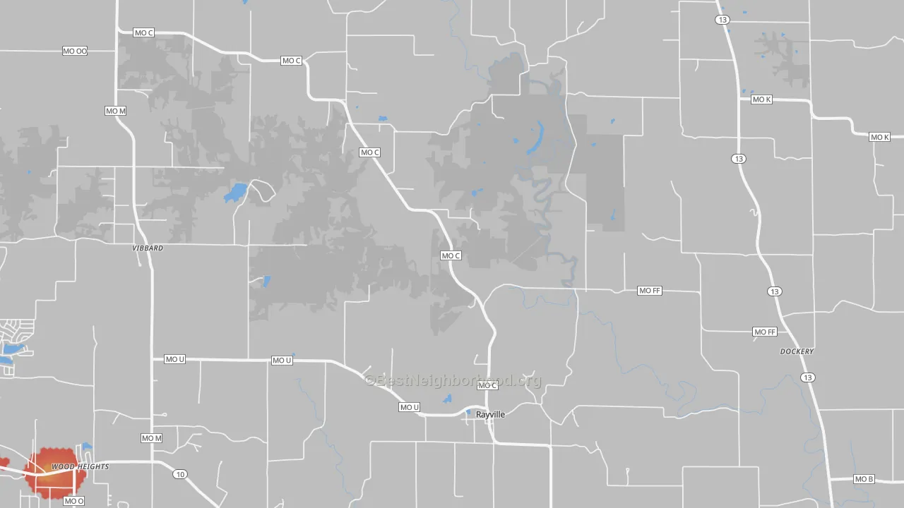 Walk Grade map of Rayville, MO, walkable areas in green and car-dependent areas in red
