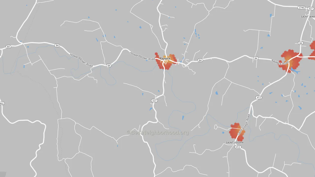 Walk Grade map of Raywick, KY, walkable areas in green and car-dependent areas in red