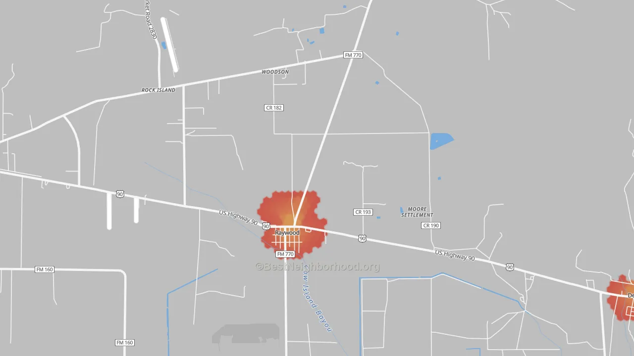 Walk Grade map of Raywood, TX, walkable areas in green and car-dependent areas in red
