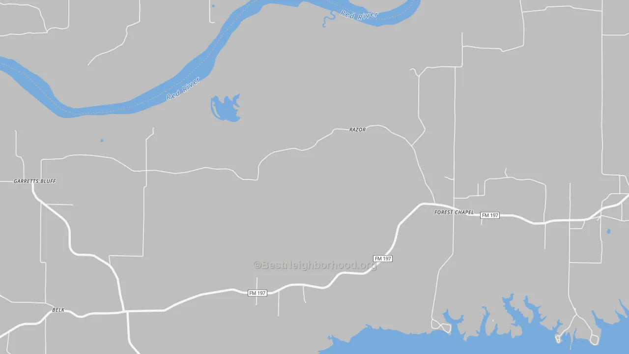Walk Grade map of Razor, TX, walkable areas in green and car-dependent areas in red