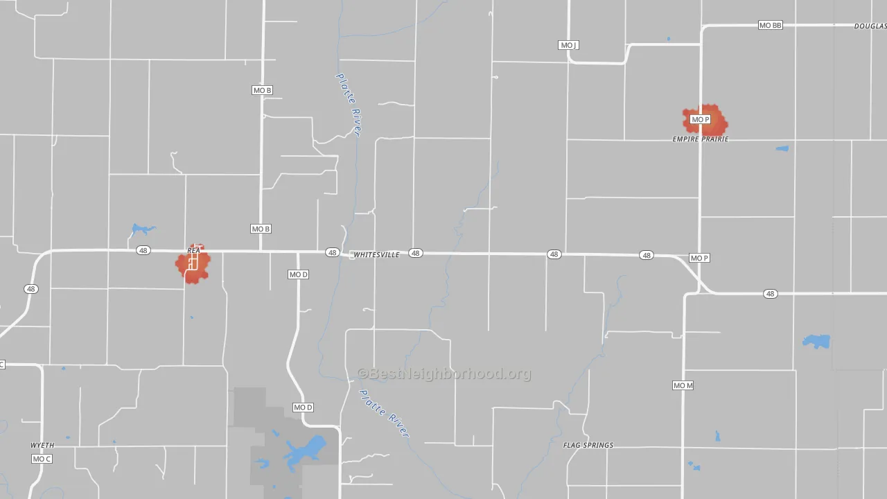 Walk Grade map of Rea, MO, walkable areas in green and car-dependent areas in red