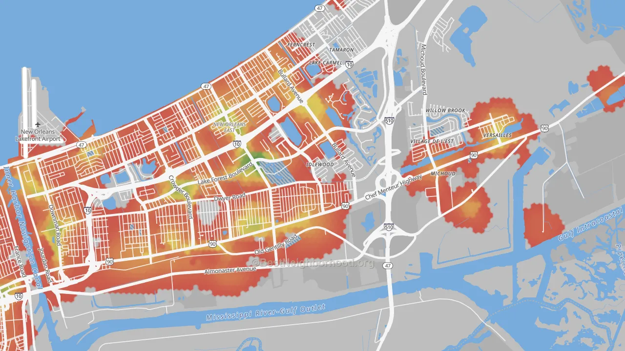 Walk Grade map of Read Blvd East, New Orleans, LA, walkable areas in green and car-dependent areas in red