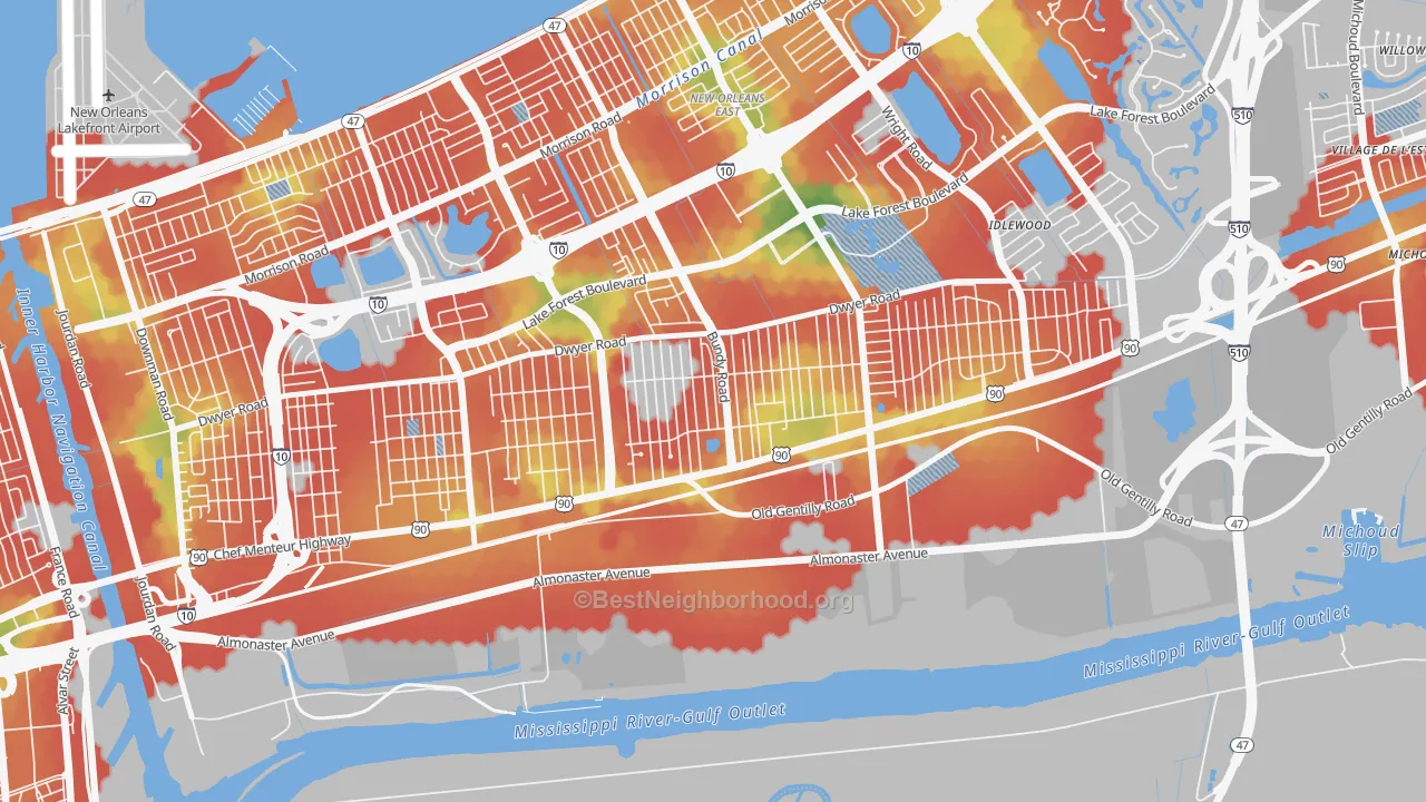 Walk Grade map of Read Blvd West, New Orleans, LA, walkable areas in green and car-dependent areas in red
