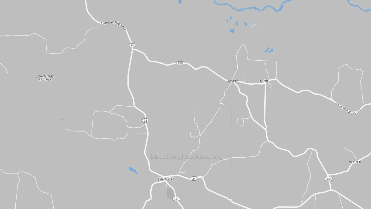 Walk Grade map of Reader, AR, walkable areas in green and car-dependent areas in red