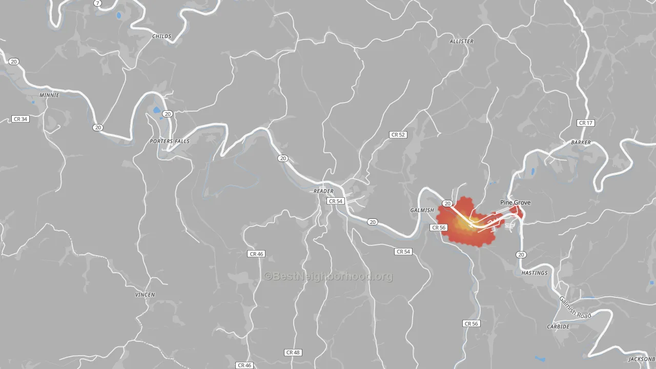 Walk Grade map of Reader, WV, walkable areas in green and car-dependent areas in red