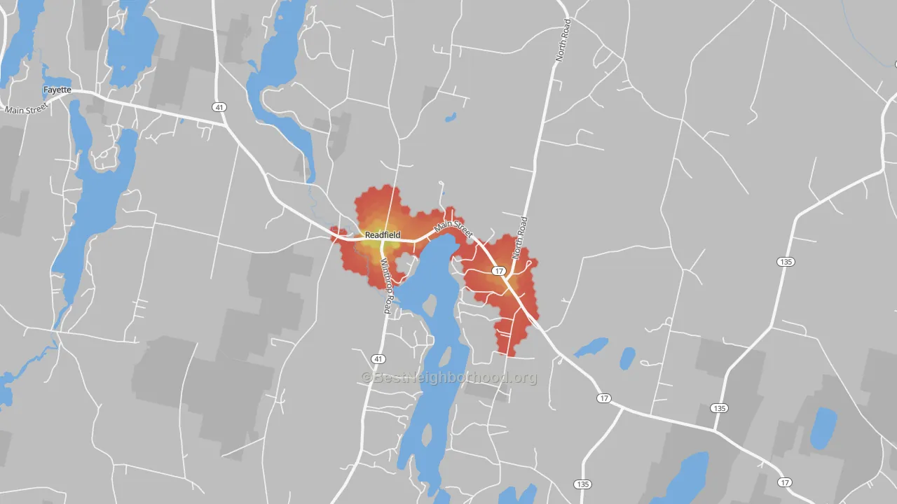 Walk Grade map of Readfield, ME, walkable areas in green and car-dependent areas in red
