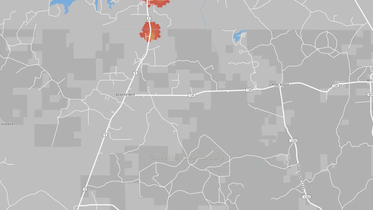 Walk Grade map of Readheimer, LA, walkable areas in green and car-dependent areas in red
