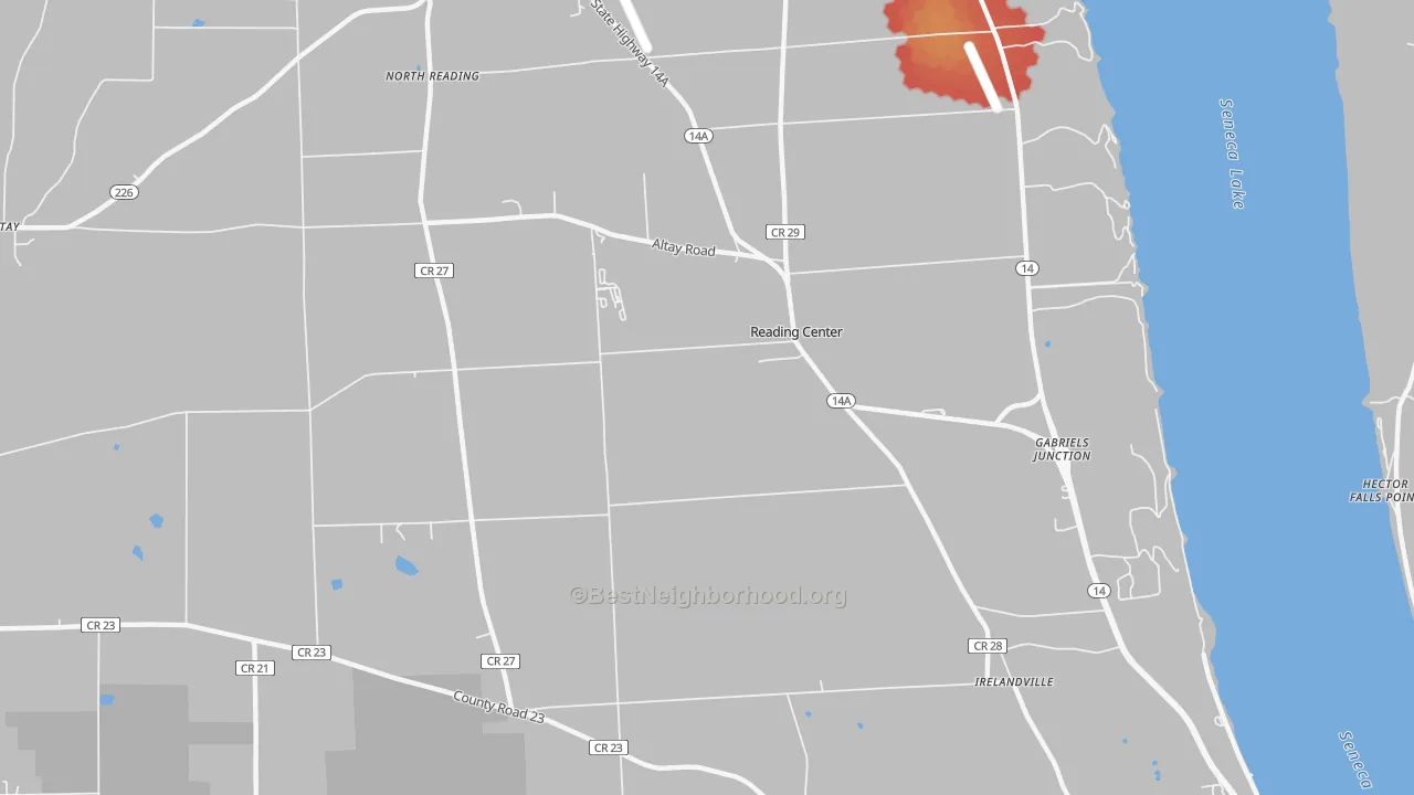 Walk Grade map of Reading Center, NY, walkable areas in green and car-dependent areas in red