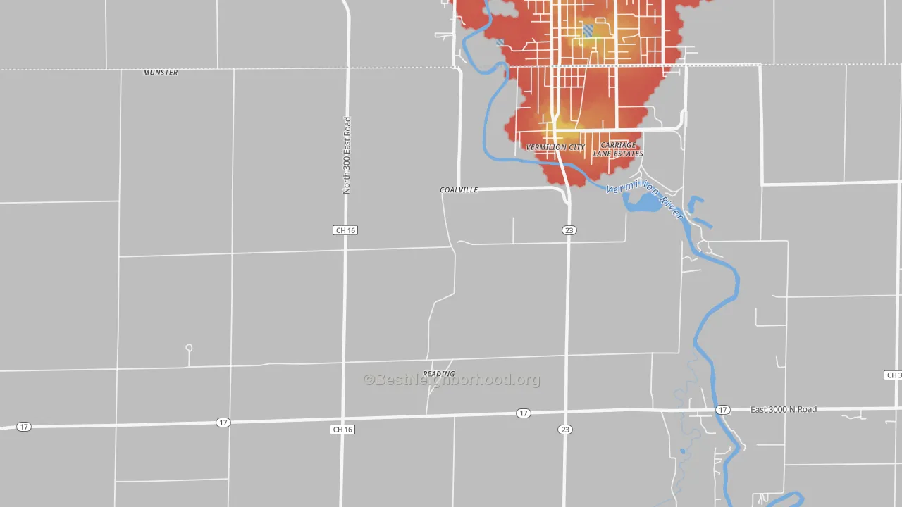 Walk Grade map of Reading, IL, walkable areas in green and car-dependent areas in red