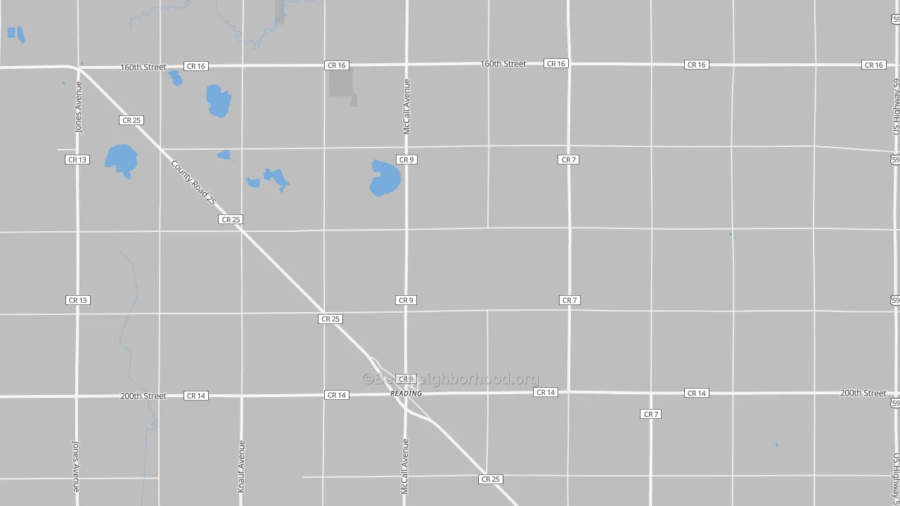 Walk Grade map of Reading, MN, walkable areas in green and car-dependent areas in red